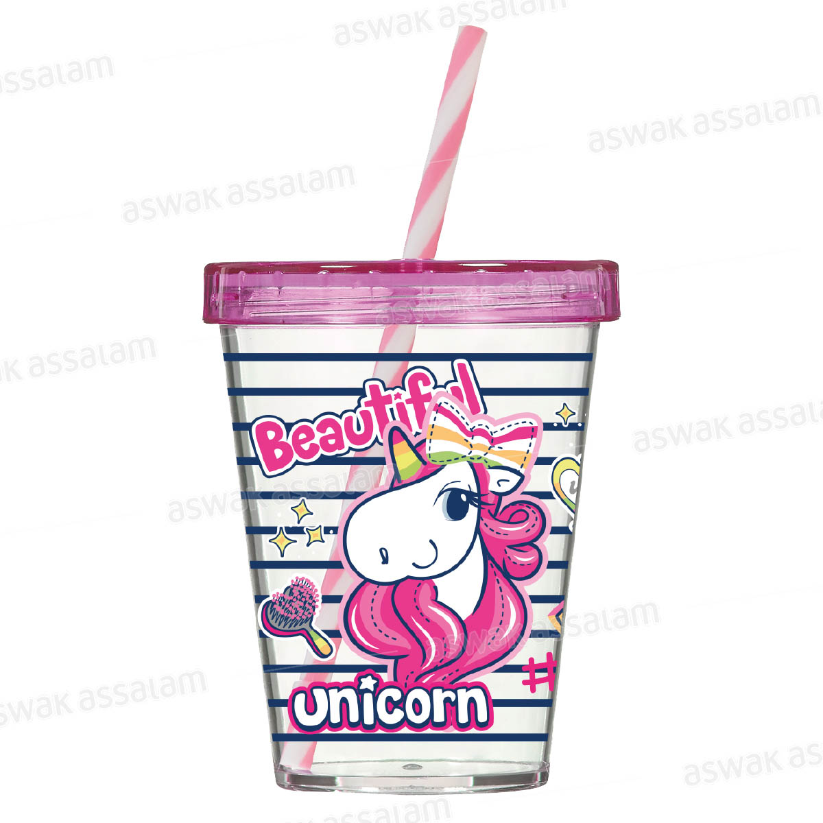 GOBELET EN PLASTQIUE AVEC COUVERCLE ET PAILLE 450ML LICORNE