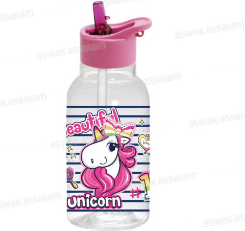 BOUTEILLE A EAU EN PLASTIQUE AVEC PAILLE 460ML LICORNE