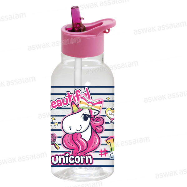 BOUTEILLE A EAU EN PLASTIQUE AVEC PAILLE 460ML LICORNE