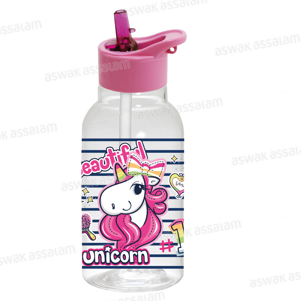 BOUTEILLE A EAU EN PLASTIQUE AVEC PAILLE 460ML LICORNE