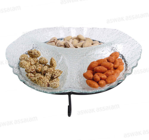 PLAT ROND 3 COMPARTIMENTS EN VERRE AVEC SUPPORT 26CM