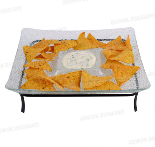 PLAT CARRE EN VERRE AVEC SUPPORT 26CM