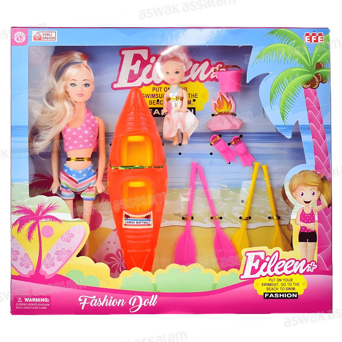 SET POUPEE + CANOE + ACCESSOIRES 36*32CM