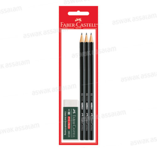 3 CRAYONS NOIRS + GOMME FABER CASTELL