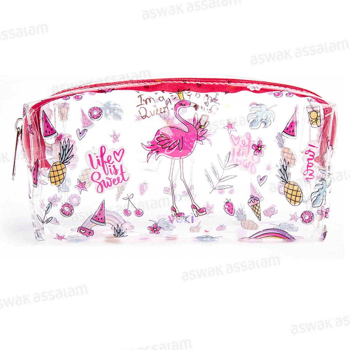 TROUSSE A CRAYONS A FERMETURE ECLAIR TRANSPARENTE MOTIF FLAMINGO 18,5*9*6CM VUKI