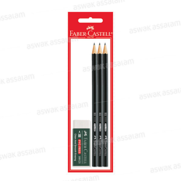 3 CRAYONS NOIRS + GOMME FABER CASTELL