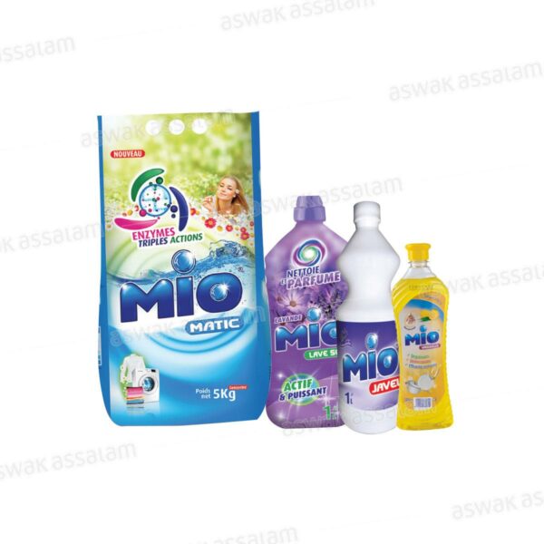 LESSIVE MACHINE 5KG + LAVE SOL 1L + EAU DE JAVEL 1L  + LIQUIDE VAISSELLE 750ML MIO