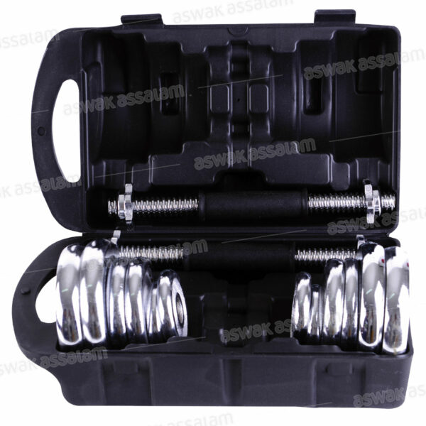 SET D'HALTERES AVEC BARRES ET POIDS CHROMES 20KG AVEC MALETTE