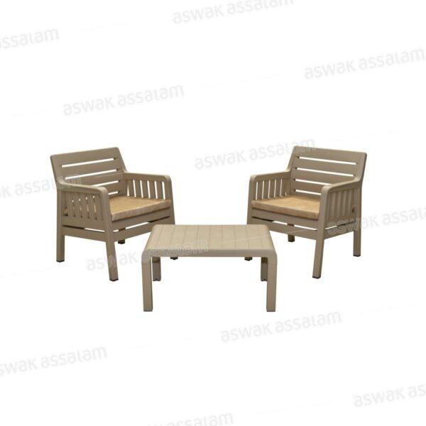 2 FAUTEUILS AVEC COUSSINS D'ASSISE + TABLE BASSE CAPPUCINO