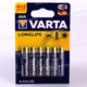 6 PILES ALCALINES SUPERLIFE TYPE AAA VARTA (4+2 GRATUITES)
