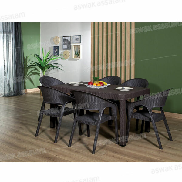 ENSEMBLE SALLE A MANGER 90*150CM + 6 CHAISES AVEC ACCOUDOIRS IMITATION ROTIN COULEUR MARRON