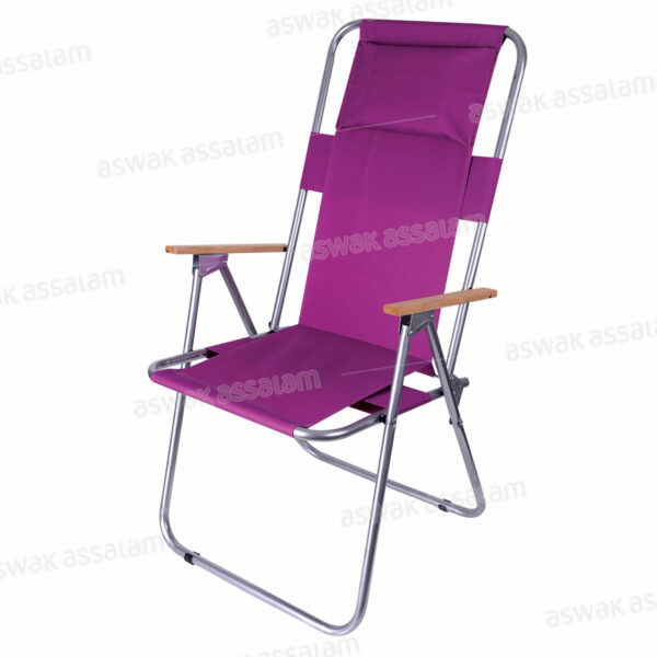CHAISE DE CAMPING PLIANTE LONGUE MAUVE AVEC ACCOUDOIRS EN BOIS