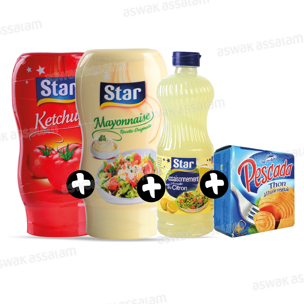 LOT : MAYONNAISE 300G + KETCHUP 300G + VINAIGRE CITRON 50CL + THON A L'HUILE VEGETALE 80G STAR