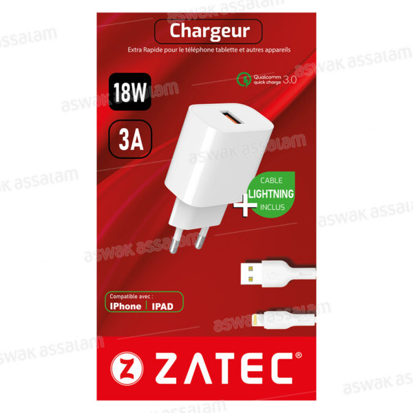 CHARGEUR + CABLE LIGHTNING USB Z-46 ZATEC