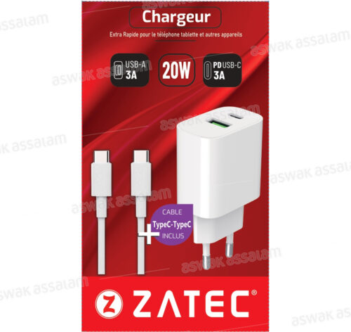 CHARGEUR AUTO M-C20 + CABLE TYPE-C TO TYPE-C ZATEC