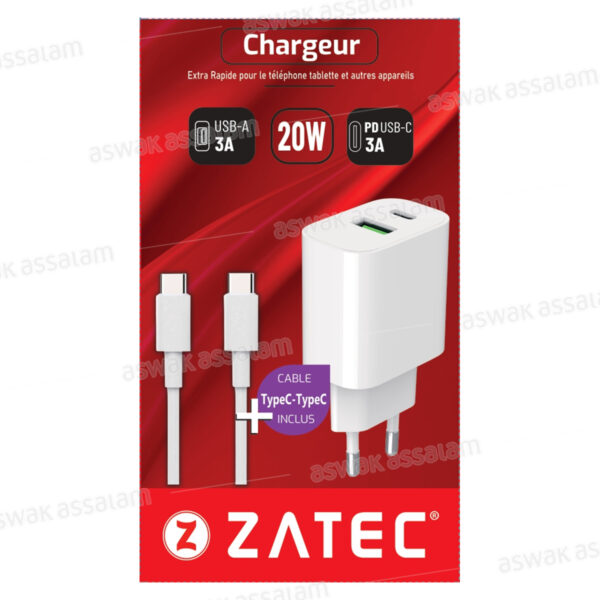 CHARGEUR AUTO M-C20 + CABLE TYPE-C TO TYPE-C ZATEC