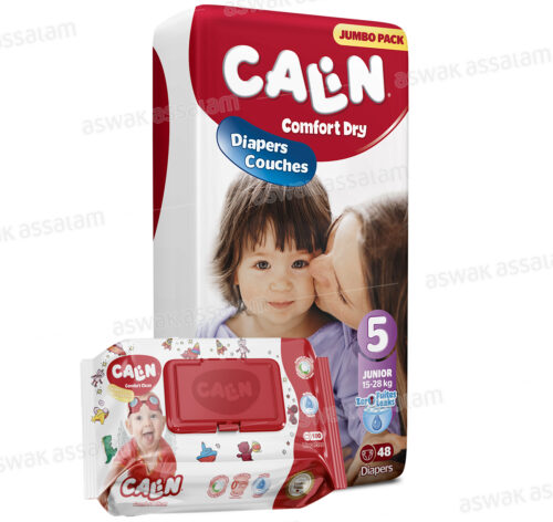 COUCHES BEBE JUNIOR COMFORT DRY TAILLE 5 48 UNITES JUMBO PACK CALIN (GRATUIT LINGETTES 100 UNITES)