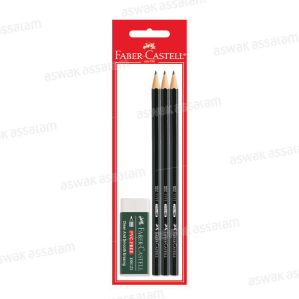 3 CRAYONS NOIRS + GOMME FABER CASTELL
