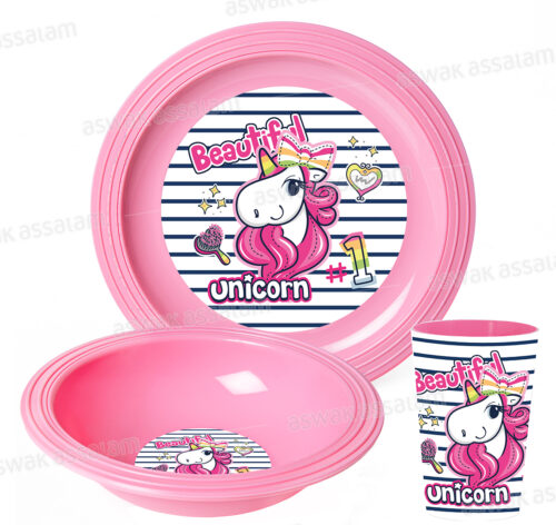 SET DE 3 PIECES GOBELET, BOL ET ASSIETTE EN PLASTIQUE LICORNE