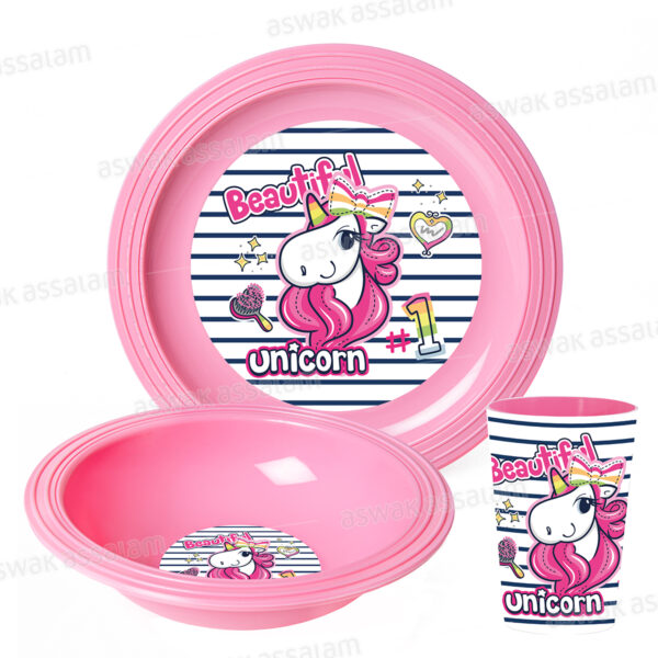 SET DE 3 PIECES GOBELET, BOL ET ASSIETTE EN PLASTIQUE LICORNE