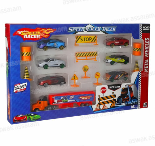 SET CAMION + VOITURES + PLAQUES SIGNALETIQUES 16 PIECES 42*26CM