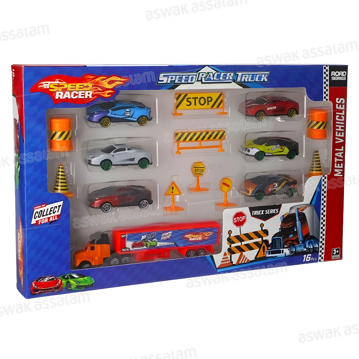 SET CAMION + VOITURES + PLAQUES SIGNALETIQUES 16 PIECES 42*26CM