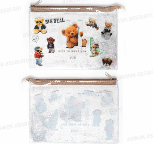 TROUSSE A CRAYONS A FERMETURE ECLAIR TRANSPARENTE EAU PAILLETEE 24*17*0,2CM MOTIF OURS VUKI