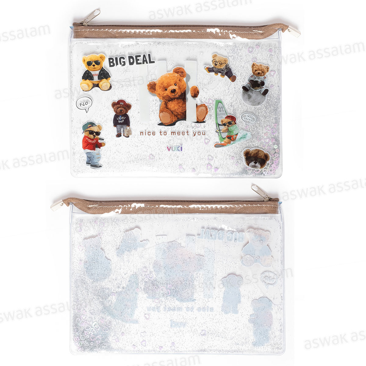 TROUSSE A CRAYONS A FERMETURE ECLAIR TRANSPARENTE EAU PAILLETEE 24*17*0,2CM MOTIF OURS VUKI