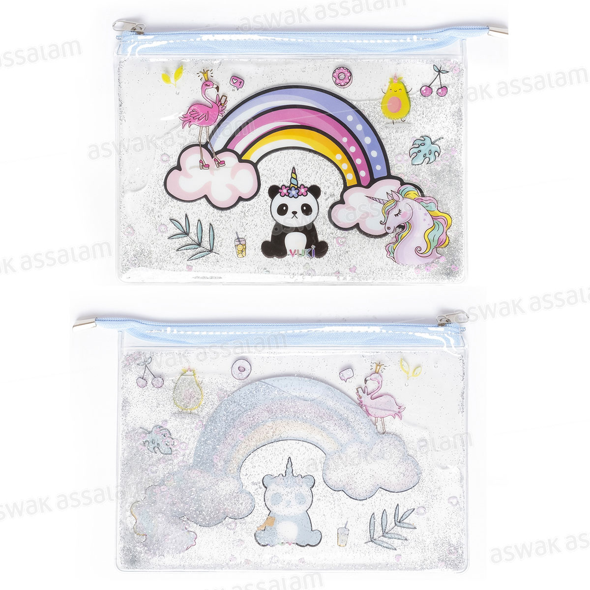 TROUSSE A CRAYONS A FERMETURE ECLAIR TRANSPARENTE EAU PAILLETEE 24*17*0,2CM MOTIF PANDA VUKI