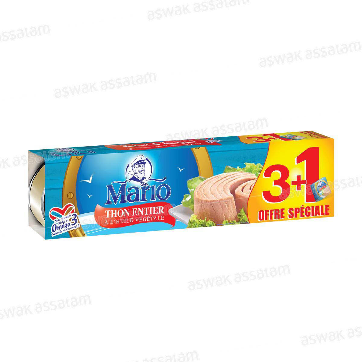LOT DE 4 BOITES DE THON A L'HUILE VEGETALE 80G MARIO (3 ACHETES = 1 GRATUIT)