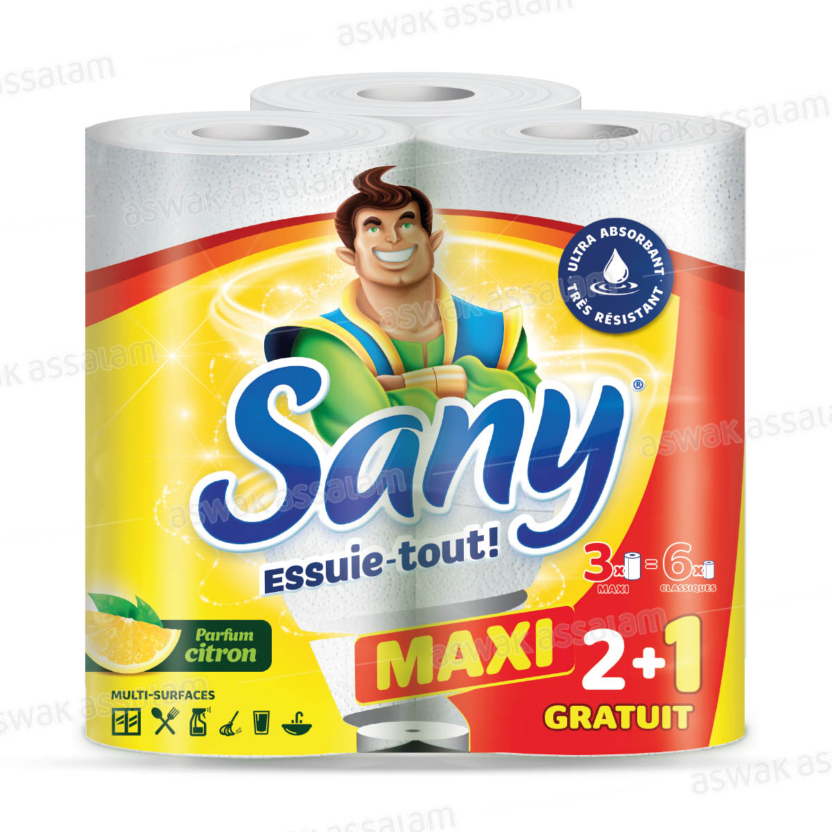 LOT DE 3 ESSUIE-TOUT CITRON MAXI 2 PLIS SANY (2 ACHETES = 1 GRATUIT)