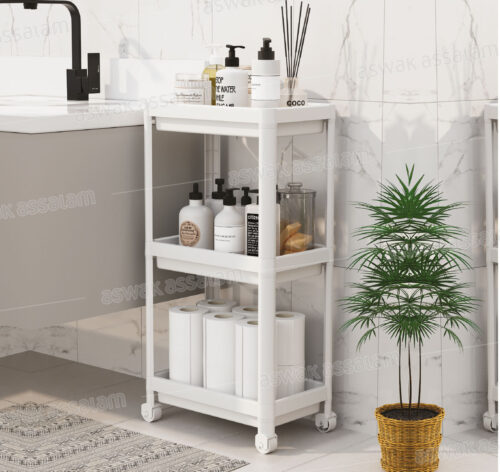 ETAGERE DE RANGEMENT SALLE DE BAIN BLANCHE 3 NIVEAUX AVEC ROULETTES 36*23*71CM