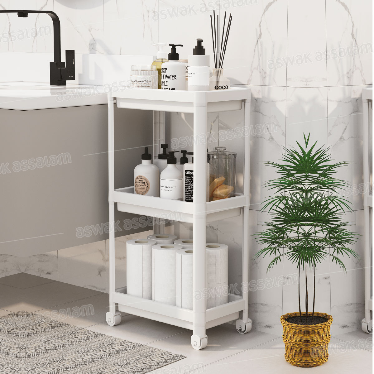 ETAGERE DE RANGEMENT SALLE DE BAIN BLANCHE 3 NIVEAUX AVEC ROULETTES 36*23*71CM