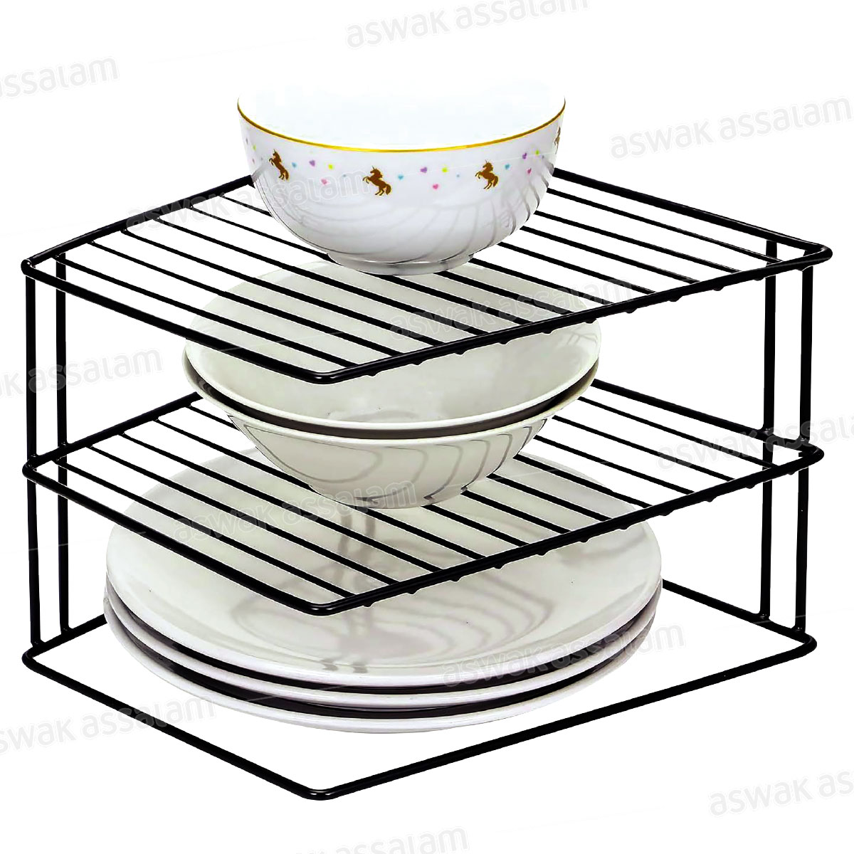 SUPPORT D'ANGLE METALLIQUE NOIR POUR ASSIETTES 2 NIVEAUX