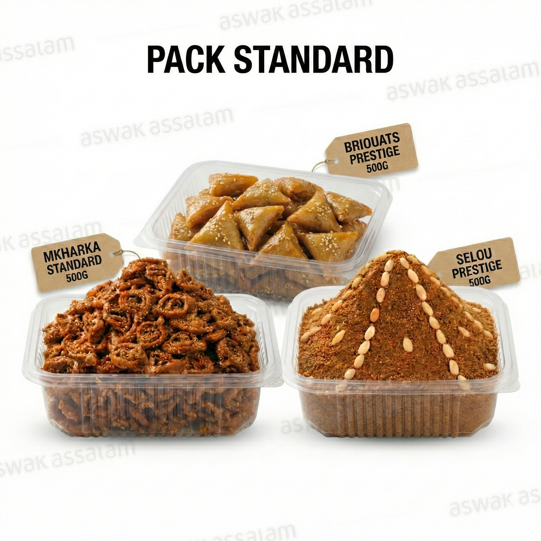 PACK STANDARD : CHEBBAKIA STANDARD 500G + BRIWATES PRESTIGE 500G + SELLOU PRESTIGE 500G